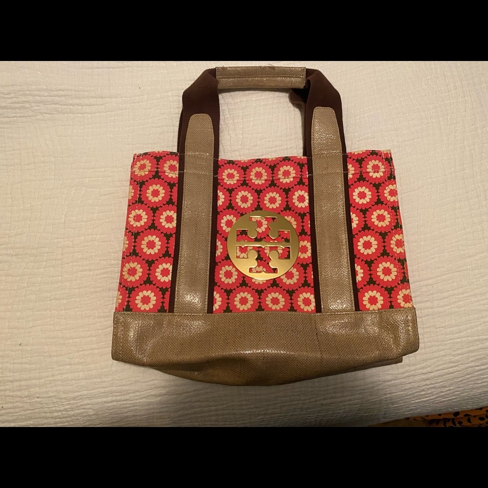 Tory Burch canvas and waxed burlap handbag.
